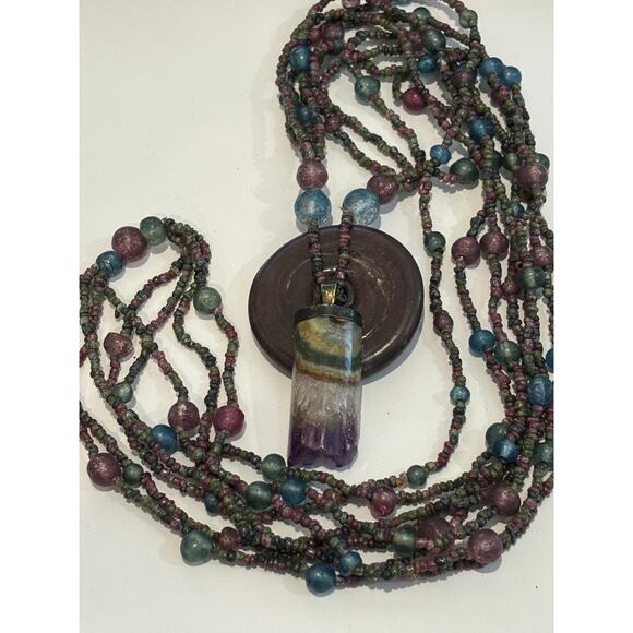 Vintage Boho Style Necklace Rainbow Fluorite & Molded Glass Beads Long - Picture 2 of 4